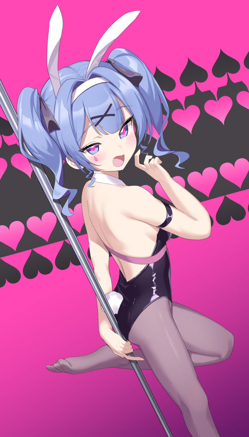 1girl absurdres animal_ears black_leotard blue_eyes blue_hair blunt_bangs blush breasts commentary_request fake_animal_ears fake_tail foot_out_of_frame grey_pantyhose hair_intakes hair_ornament hatsune_miku heart heart-shaped_pupils highres leotard looking_at_viewer nekokatana_catana open_mouth pantyhose pink_background playboy_bunny pole rabbit_ears rabbit_hole_(vocaloid) rabbit_tail sideboob small_breasts smile solo standing standing_on_one_leg strapless strapless_leotard stripper_pole symbol-shaped_pupils tail twintails vocaloid x_hair_ornament