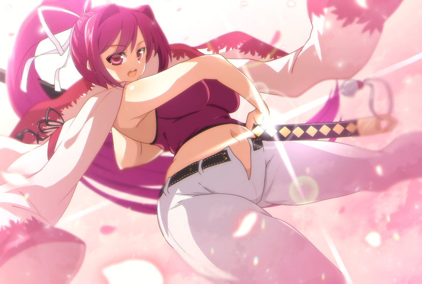 1girl absurdres blush breasts crop_top hair_intakes hair_ribbon highres itsuka_neru jacket jacket_on_shoulders katana long_hair looking_at_viewer midriff navel open_fly pants ponytail purple_hair red_eyes ribbon solo sword under_night_in-birth very_long_hair weapon white_ribbon yuzuriha_(under_night_in-birth)