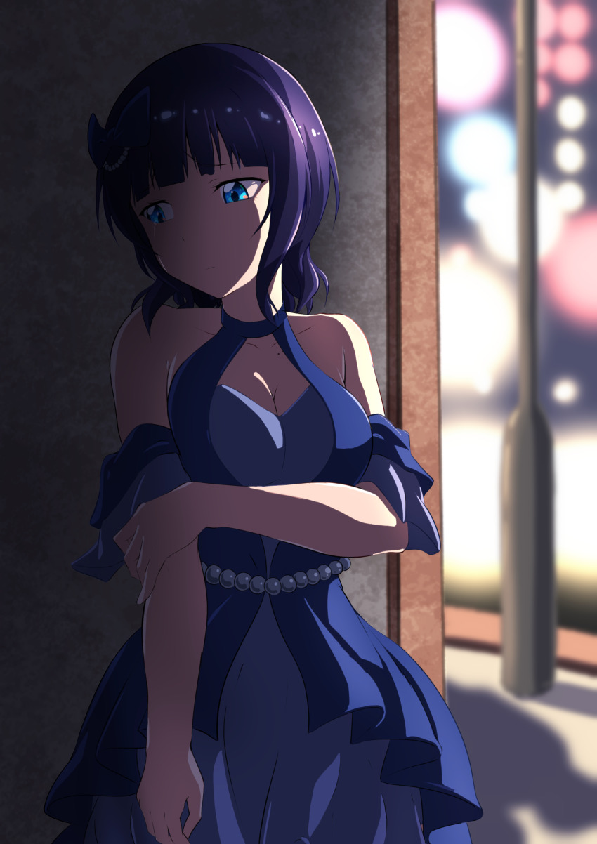 1girl absurdres asaka_karin birthday blue_dress blue_eyes blunt_bangs breasts cleavage collarbone commentary dress fly_with_you!! highres large_breasts love_live! love_live!_nijigasaki_high_school_idol_club mole mole_on_collarbone shadow short_hair sidelocks upper_body zasshoku_ojisan