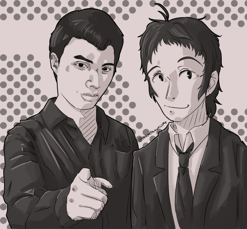 2boys adachi_tooru closed_mouth collared_shirt elliot_rodger greyscale highres jacket male_focus manny_mcmannington monochrome multiple_boys necktie persona persona_4 pointing pointing_at_viewer real_life shirt short_hair suit_jacket