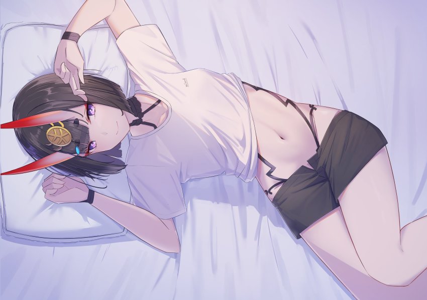 1girl absurdres bed_sheet black_hair black_shorts bob_cut breasts crop_top eyeliner fate/grand_order fate_(series) headpiece highres horns looking_at_viewer lying makeup midriff navel on_back on_bed oni pillow purple_eyes sawarineko shirt short_eyebrows short_hair short_shorts shorts shuten_douji_(fate) skin-covered_horns small_breasts smile solo white_shirt wristband