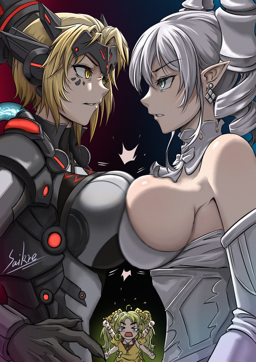 &gt;_&lt; 3girls absurdres afterimage ahoge armor armored_bodysuit bare_shoulders black_bodysuit blonde_hair bodysuit breast_envy breast_press breasts chinese_commentary claws cleavage clenched_teeth commentary_request crying demon_girl demon_horns dinomorphia_kentregina dress drill_hair duel_monster earrings eye_contact facial_mark flower forehead_protector glaring gloves green_hair grey_eyes grey_hair hair_between_eyes hair_ornament headgear highres horns jewelry large_breasts long_hair looking_at_another lovely_labrynth_of_the_silver_castle multiple_girls parted_bangs parted_lips pointy_ears saikre short_hair sidelocks signature standing strapless strapless_dress symmetrical_docking teeth trait_connection traptrix_sera twin_drills twintails upper_body white_dress yellow_dress yellow_eyes yu-gi-oh!