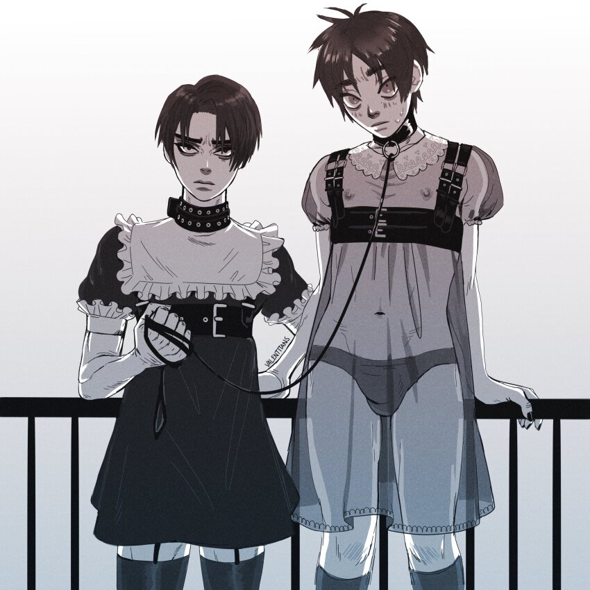 2boys absurdres bags_under_eyes bib_collar blush chest_harness collar crossdressing dress harness height_difference highres leash multiple_boys nipples panties ren_valentine see-through_clothes see-through_dress shingeki_no_kyojin thighhighs underwear white_background yaoi