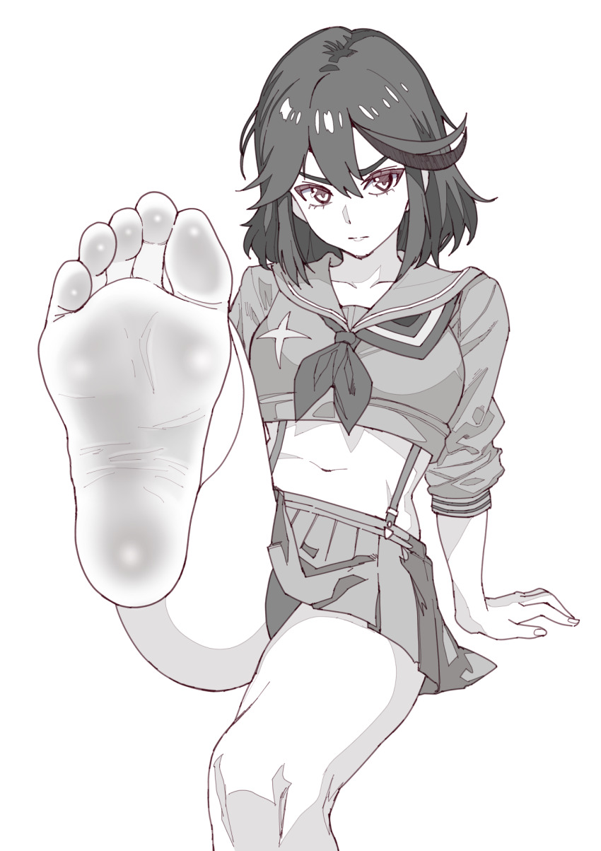 1girl asikoma7777 barefoot feet foot_up highres kill_la_kill looking_at_viewer matoi_ryuuko medium_hair monochrome panties pantyshot senketsu soles toes underwear