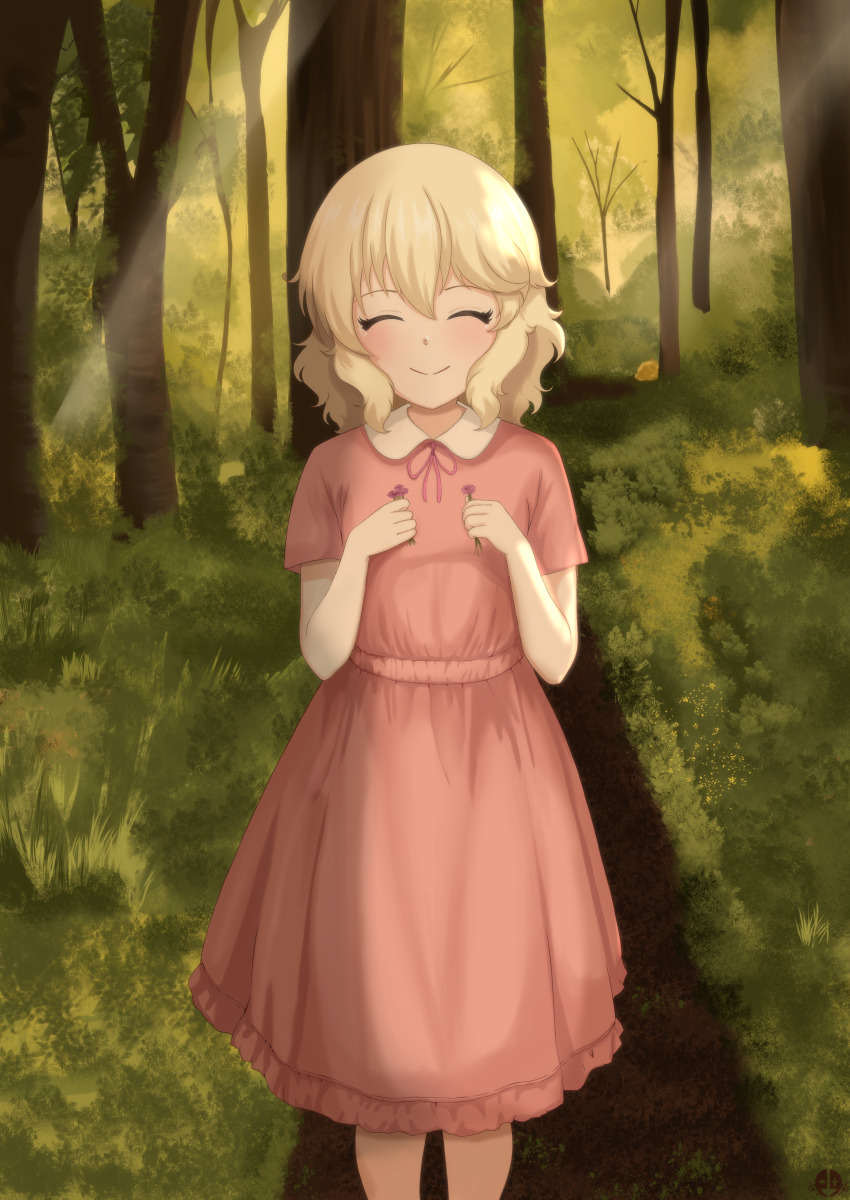 1girl absurdres blonde_hair blush child forest green_eyes highres idolmaster idolmaster_cinderella_girls idolmaster_cinderella_girls_starlight_stage idolmaster_cinderella_girls_u149 mrhunking nature sakurai_momoka short_hair smile wavy_hair