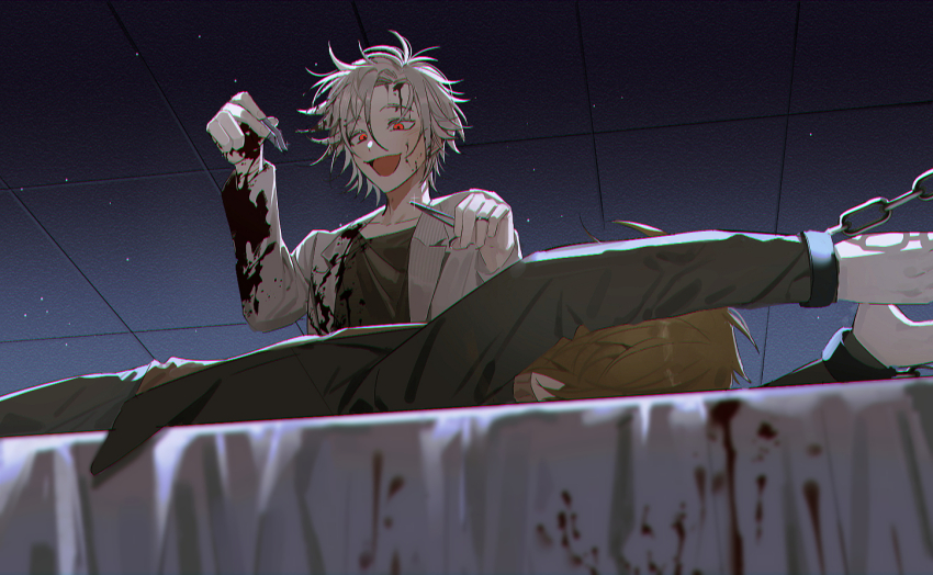 2boys atou_haruki bad_end black_jacket black_pants black_shirt blonde_hair blood blood_on_clothes brown_shirt chain chromatic_aberration cuffs glint grey_hair handcuffs holding_tweezers indoors jacket kagero_(oshikawaii) kanou_aogu lab_coat lapels lying male_focus multiple_boys notched_lapels on_back open_clothes open_mouth pants peril red_eyes restrained saibou_shinkyoku shirt short_hair smile tweezers