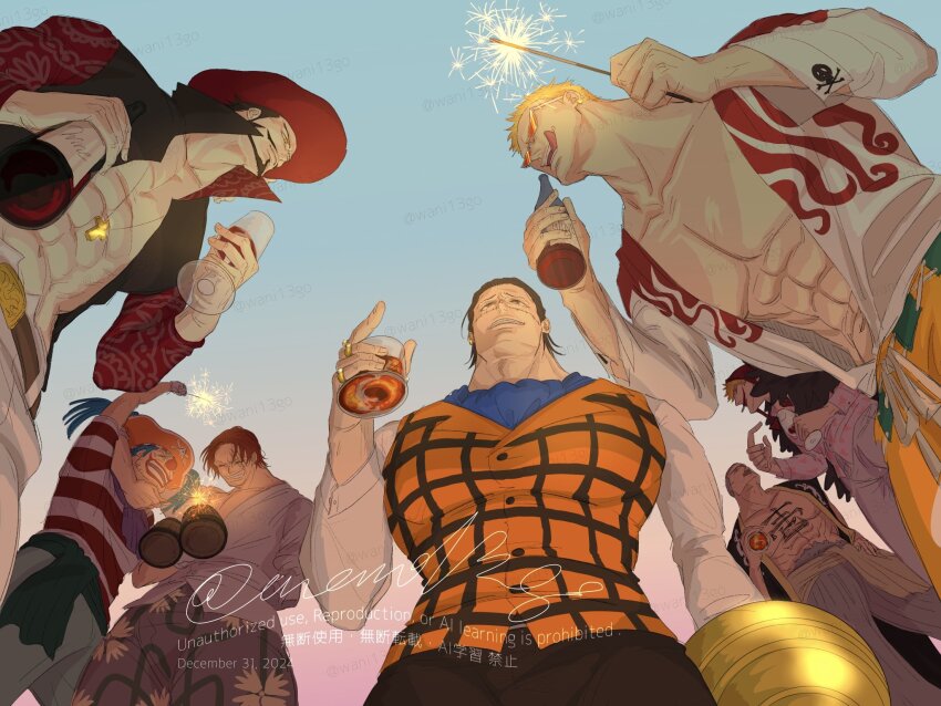 2024 6+boys arm_up beer_mug black_hair black_shirt blonde_hair blue_hair bottle buggy_the_clown checkered_clothes checkered_vest chest_tattoo closed_eyes crocodile_(one_piece) cross cross_necklace cup dated daz_bones donquixote_doflamingo donquixote_rocinante dracule_mihawk drinking_glass earrings english_text facial_hair glass goatee green_sash grey_hair hat highres holding holding_bottle holding_cup hook_hand hug jewelry loki_illust makeup male_focus medium_hair mug multiple_boys muscular muscular_male necklace one_piece open_clothes open_shirt orange_vest patterned_clothing pirate_hat red_hair red_shirt sash scar scar_on_face shanks_(one_piece) shirt short_hair sideburns smile sunglasses tattoo tongue tongue_out topless_male twintails twitter_username two-tone_shirt very_short_hair vest white_shirt wine_bottle wine_glass yellow_eyes