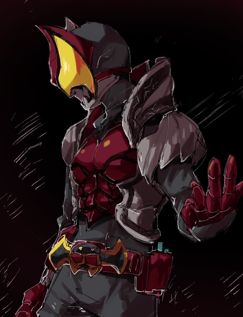 1boy armor belt black_background black_bodysuit blank_eyes bodysuit breastplate chikichi cowboy_shot gloves hand_up helmet high_collar highres jpeg_artifacts kamen_rider kamen_rider_kiva kamen_rider_kiva_(series) kivat-bat_iii looking_to_the_side male_focus pouch red_gloves shoulder_armor simple_background sketch solo standing utility_belt yellow_eyes