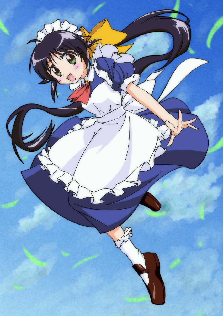 348 absurdres andou_mahoro apron blue_dress blue_sky dress eyebrows_hidden_by_hair highres loafers mahoromatic maid maid_apron maid_headdress ponytail ribbon shoes short_sleeves sky socks white_socks yellow_ribbon