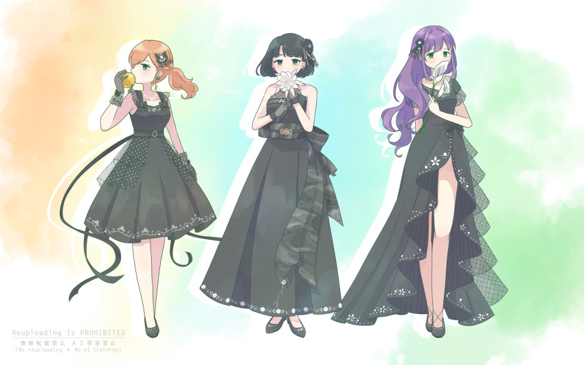 3girls absurdres bare_legs bare_shoulders black_bow black_dress black_flower black_footwear black_gloves black_hair blue_background blunt_bangs blunt_ends bow breasts calla_lily cerise_bouquet character_age collarbone colorful_background commentary_request covered_mouth covering_own_mouth crossed_bangs crossed_legs dress dress_bow drop_shadow evening_gown flats floral_print flower flower_over_mouth food frilled_gloves frills fruit full_body gloves green_background green_eyes grid_background hair_bow hair_flower hair_ornament hair_over_shoulder happy_birthday high-low_skirt high_heels highres hinoshita_kaho hinoshita_kaho_(17th_birthday) holding holding_flower holding_food holding_fruit lemon link!_like!_love_live! long_dress long_hair long_legs looking_at_viewer looking_to_the_side love_live! low_ponytail medium_breasts medium_dress miyaco_(shirataki_168) momose_ginko momose_ginko_(16th_birthday) multiple_girls official_alternate_costume orange_hair otomune_kozue otomune_kozue_(18th_birthday) purple_hair rabbit_hair_ornament shoes short_hair short_sleeves sidelocks sleeveless sleeveless_dress standing virtual_youtuber watermark watson_cross white_background white_flower