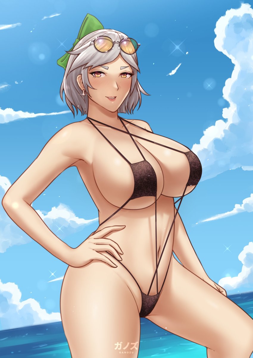 1girl absurdres blue_sky breasts cleavage cloud commission dutch_angle ear_piercing eyewear_on_head ganzu green_ribbon grey_hair hair_ribbon highres large_breasts navel ocean original piercing ribbon short_hair sky slingshot_swimsuit sunglasses swimsuit yellow_eyes