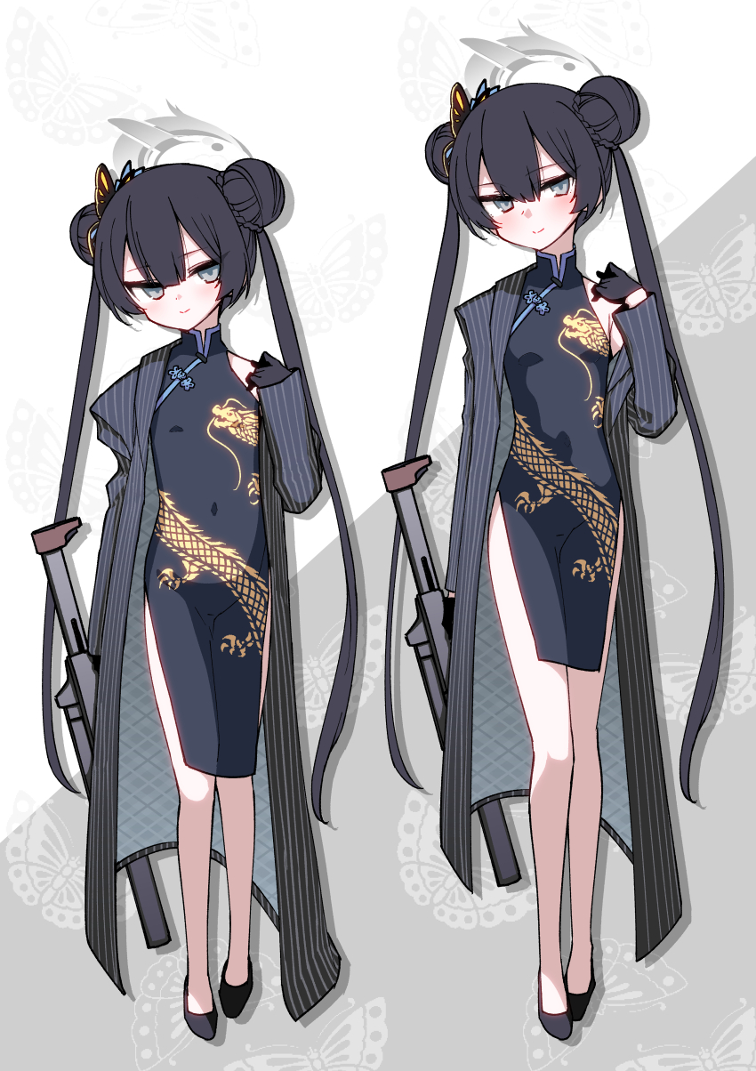 1girl absurdres black_footwear black_hair black_jacket blue_archive breasts butterfly_hair_ornament china_dress chinese_clothes commentary_request cs/ls06 double_bun dragon_print dress full_body grey_eyes grey_halo gun hair_bun hair_ornament halo highres hitotose_rin jacket kisaki_(blue_archive) long_hair looking_at_viewer multiple_views pelvic_curtain print_dress shoes small_breasts smile standing striped_clothes striped_jacket submachine_gun twintails vertical-striped_clothes vertical-striped_jacket weapon