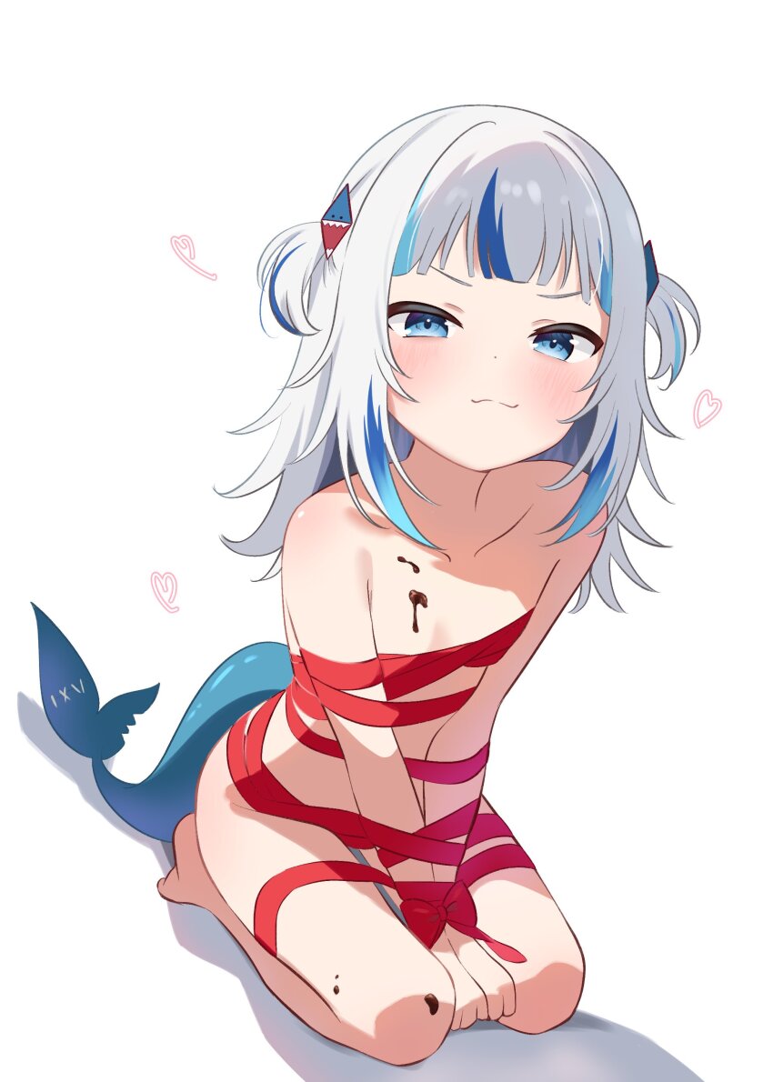 1girl absurdres blue_eyes blue_hair breasts chocolate chocolate_on_body commentary english_commentary fins fish_tail food_on_body gawr_gura grey_hair hair_ornament heart highres hololive hololive_english long_hair looking_at_viewer multicolored_hair naked_ribbon red_ribbon ribbon ryu160303 seiza shark_girl shark_hair_ornament shark_tail simple_background sitting small_breasts solo tail virtual_youtuber white_background wrapped_up