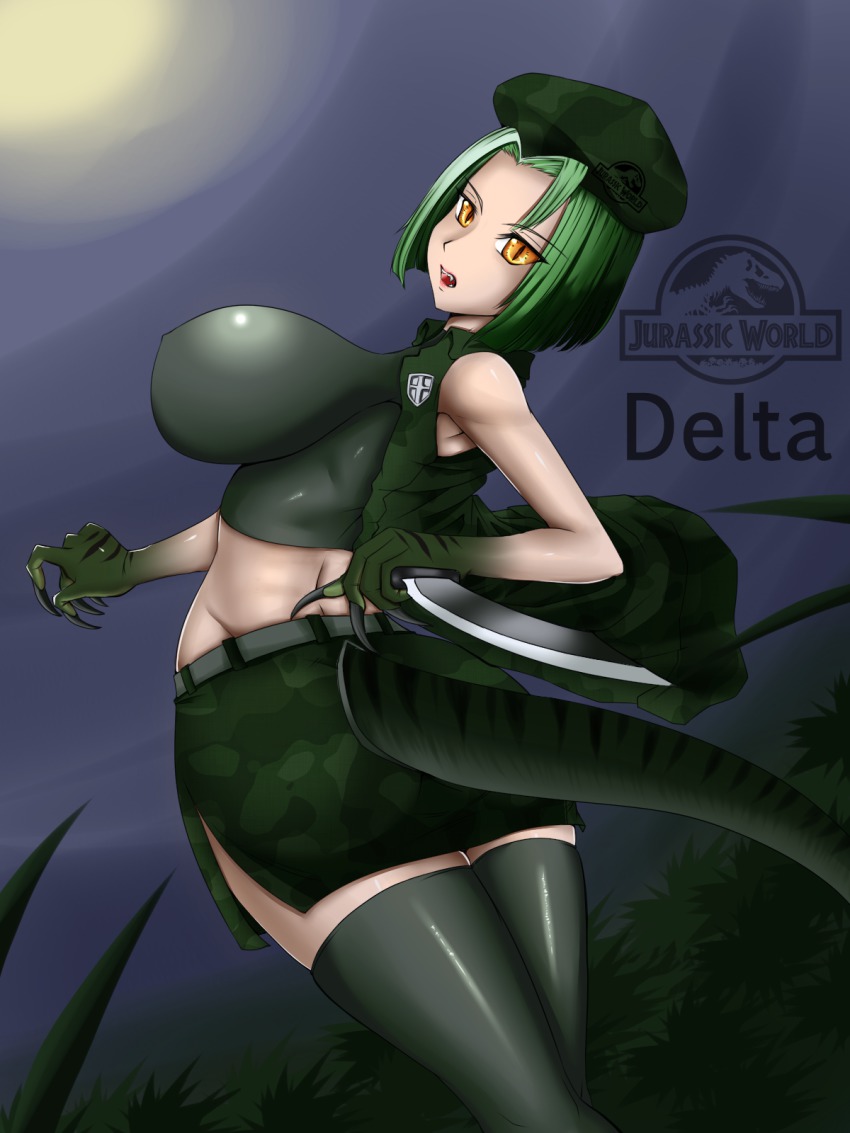 1girl breasts delta_(jurassic_park) dinosaur_girl female_focus gradient_background highres jurassic_world knife large_breasts personification solo velociraptor