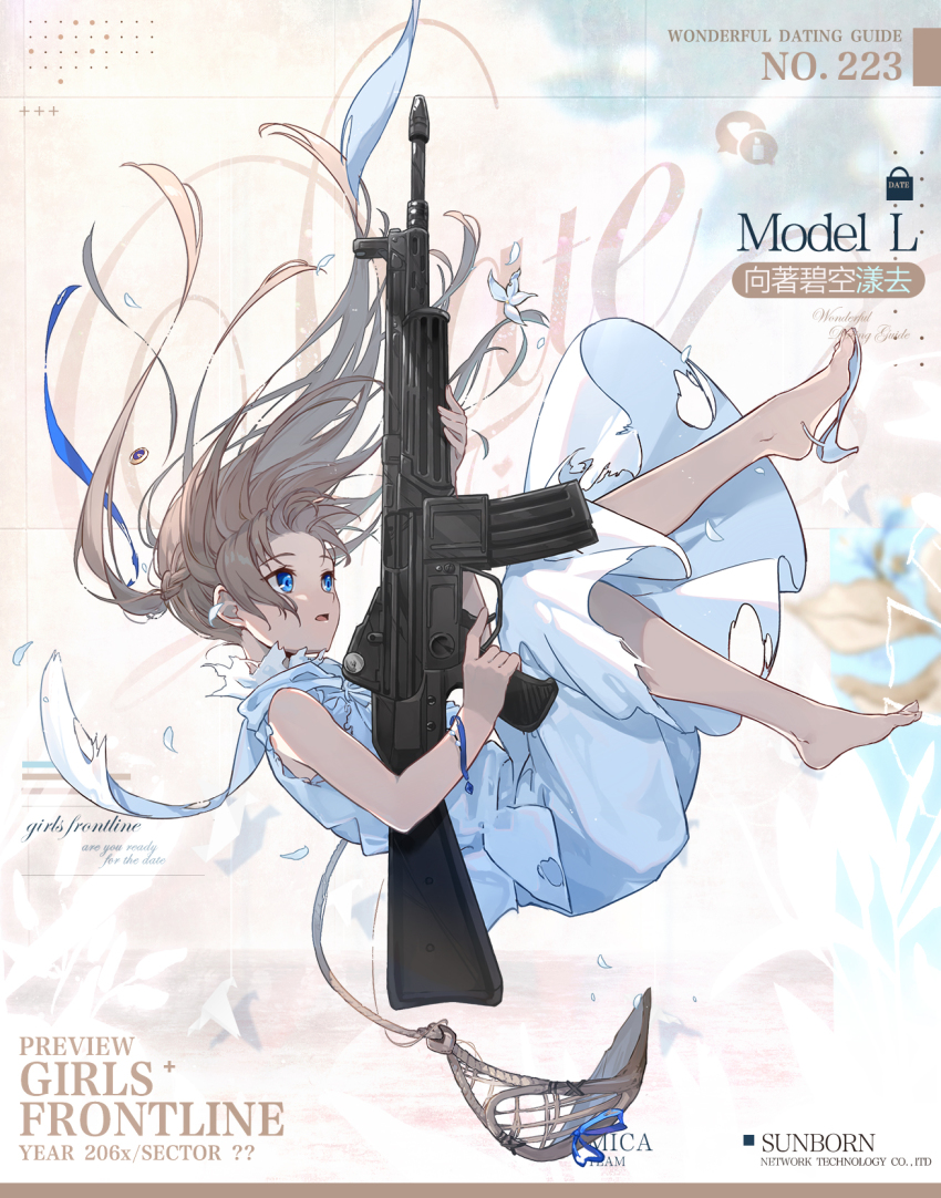 1girl assault_rifle bare_legs blonde_hair blue_eyes blue_ribbon bracelet braid cetme cetme_model_l character_name commentary_request copyright_name dress falling french_braid girls&#039;_frontline gun hair_ribbon highres holding holding_gun holding_weapon jewelry kinoshita_neko long_hair looking_up model_l_(girls&#039;_frontline) model_l_(up_into_the_blue_sky)_(girls&#039;_frontline) official_art open_mouth ribbon rifle shoes single_shoe solo torn_clothes torn_dress torn_shoes weapon white_dress white_footwear