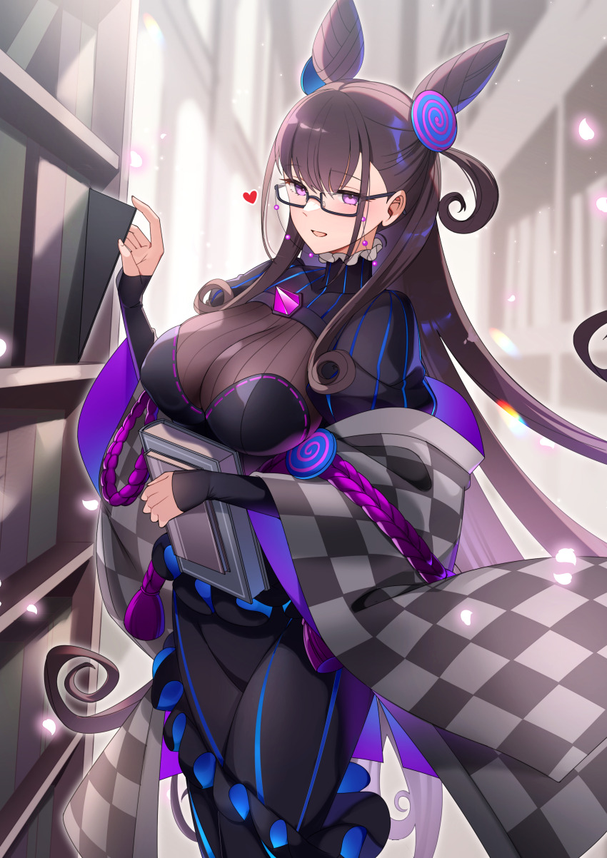 1girl absurdres black_dress blush book bookshelf breasts brown_hair checkered_clothes checkered_kimono cleavage cone_hair_bun dress fate/grand_order fate_(series) gem glasses grey_kimono hair_bun hair_ornament highres japanese_clothes juliet_sleeves kimono large_breasts long_hair long_sleeves looking_at_viewer murasaki_shikibu_(fate) murasaki_shikibu_(second_ascension)_(fate) off_shoulder open_mouth puff_and_slash_sleeves puffy_sleeves purple_eyes purple_gemstone rope rumo see-through_clothes see-through_cleavage smile solo two_side_up very_long_hair wide_sleeves