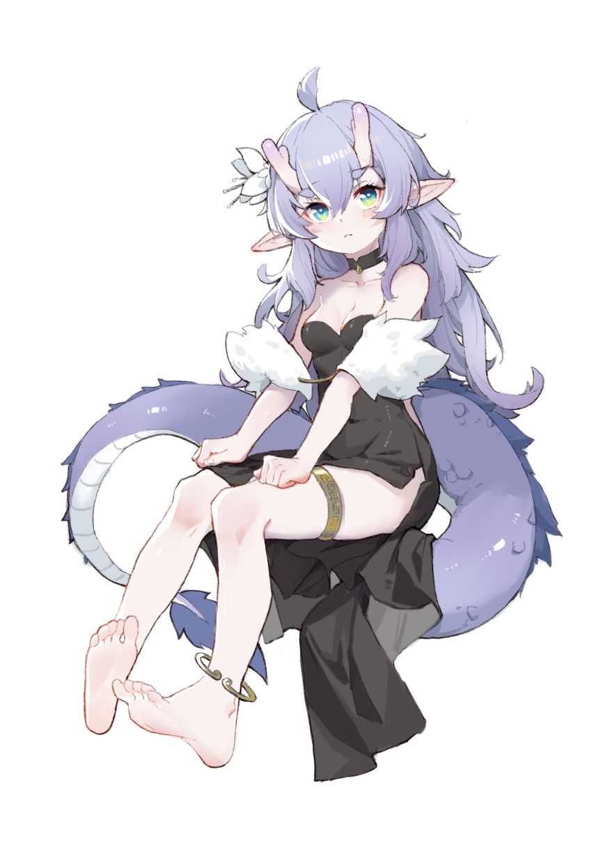 aged_up ahoge alternate_costume anklet bailu_(honkai:_star_rail) barefoot black_dress blush dragon_tail dress feet highres honkai:_star_rail honkai_(series) jewelry long_hair looking_at_viewer ningmeng_chamao pointy_ears purple_hair simple_background soles tail thighlet toes white_background