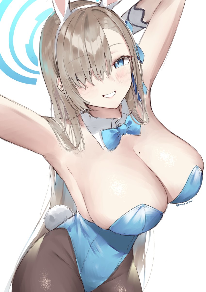 1girl absurdres animal_ears armpits arms_up asuna_(blue_archive) asuna_(bunny)_(blue_archive) blue_archive blue_eyes blue_leotard bow bowtie breasts detached_collar fake_animal_ears gloves hair_over_one_eye halo highres large_breasts leotard light_brown_hair long_hair mole mole_on_breast mono_(mo_n_mno) official_alternate_costume pantyhose playboy_bunny rabbit_ears solo swept_bangs white_gloves