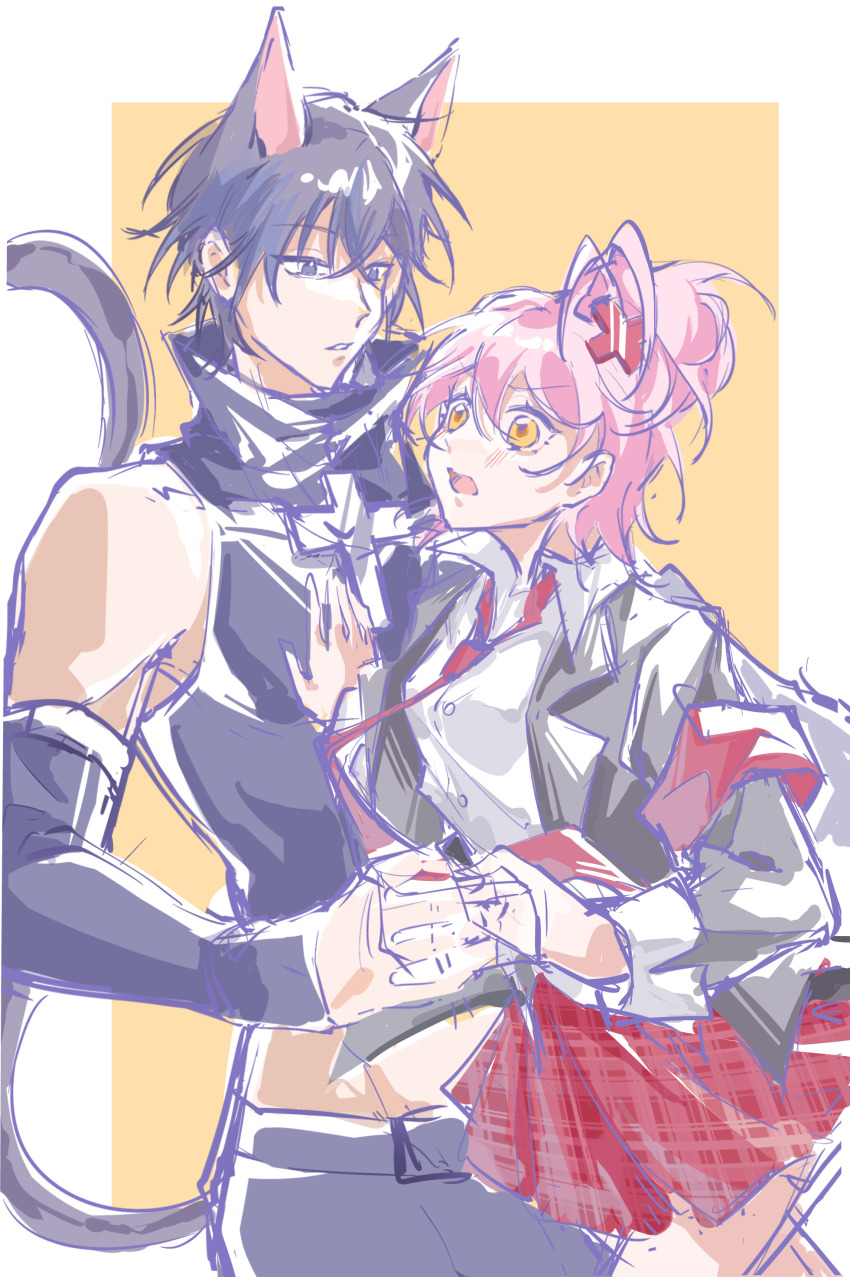 1boy 1girl absurdres animal_ears bishounen black_hair black_jacket blue_eyes blush cat_boy cat_ears chinese_commentary commentary_request couple cross hair_ornament hetero highres hinamori_amu jacket long_sleeves midriff open_mouth pants pink_hair poco_(shulanzi275) procreate_(medium) school_uniform seiyo_academy_school_uniform shirt short_hair shugo_chara! sketch skirt tsukiyomi_ikuto x_hair_ornament yellow_eyes