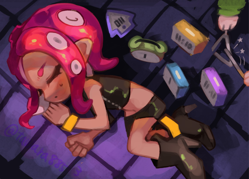 1girl agent_8_(splatoon) alarm_clock belly black_footwear black_shirt black_shorts boots bracelet clock closed_eyes closed_mouth from_above full_body green_shirt instrument jewelry lying nintendo octoling octoling_girl octoling_player_character phone pink_hair shirt short_hair short_shorts shorts sleeping sleeveless solo splatoon_(series) splatoon_2 splatoon_2:_octo_expansion sweat tawara8853 tentacle_hair triangle_(instrument) yellow_bracelet zipper