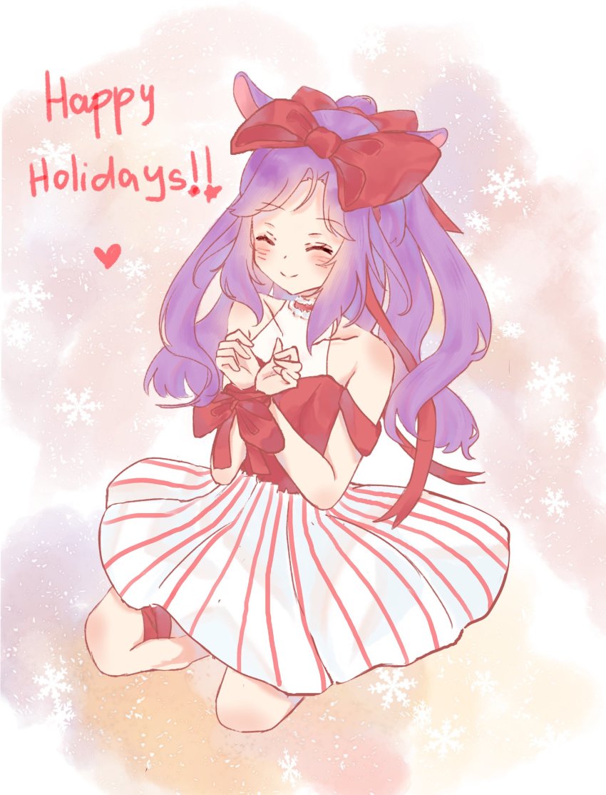 1girl animal_ears bdsm bhunsleepy blush bondage bound bound_arms bunnie_darling choker christmas dress closed_eyes facing_viewer full_body gift happy_holidays highres huge_nipples pale_skin purple_hair rabbit_ears rabbit_girl ribbon smile solo tokki_live virtual_youtuber