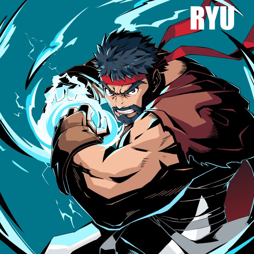 1boy arms_up beard black_hair brown_eyes brown_gloves character_name clenched_teeth commentary_request cowboy_shot facial_hair gloves hadouken headband highres incoming_attack kumo33 looking_at_viewer male_focus pants red_headband red_sash ryu_(street_fighter) sash short_hair solo street_fighter street_fighter_6 teeth thick_eyebrows white_pants