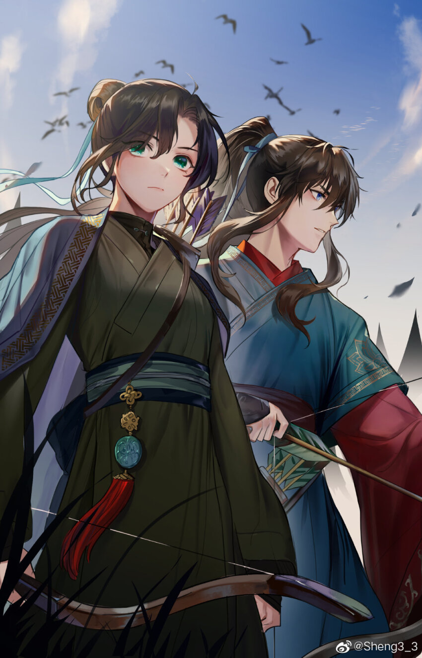 0jae 1boy 1girl aqua_ribbon arrow_(projectile) bird blue_eyes blue_hanfu blue_ribbon blue_sky blurry blurry_background bow_(weapon) chinese_clothes cowboy_shot day erha_he_tadebai_mao_shizun green_eyes hair_ribbon hanfu high_ponytail highres holding holding_bow_(weapon) holding_weapon long_hair long_sleeves looking_ahead mandarin_collar nangong_si outdoors parted_lips quiver ribbon sash sky tassel weapon weibo_watermark wide_sleeves ye_wangxi