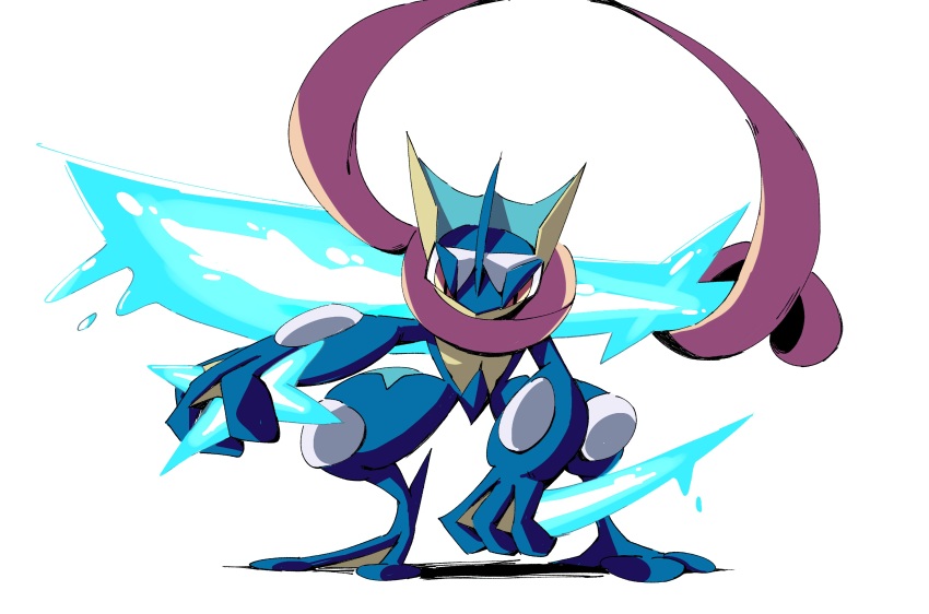 absurdres creatures_(company) game_freak gen_6_pokemon greninja highres holding holding_weapon kunai looking_at_viewer ninja nintendo no_humans pink_eyes pokemon pokemon_(creature) shuriken simple_background solo sword tongue venom_eno water weapon white_background