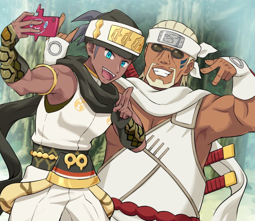 2boys arm_guards black_hair blonde_hair creatures_(company) crossover dark-skinned_male dark_skin facial_hair facial_mark forehead_protector game_freak gen_4_pokemon highres holding killer_bee multiple_boys muscular naruto_(series) naruto_shippuuden ninja nintendo official_alternate_costume open_mouth pokemoa pokemon pokemon_(creature) pokemon_masters_ex raihan_(new_year&#039;s_2025)_(pokemon) raihan_(pokemon) rotom rotom_phone scarf selfie short_hair sleeveless smile sunglasses undercut weapon