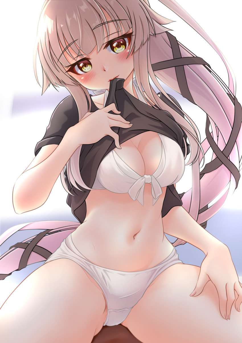 1girl absurdres bikini black_shirt breasts brown_eyes cleavage clothes_lift commentary_request cowboy_shot front-tie_top hair_ribbon highres kantai_collection long_hair makura_(y_makura) medium_breasts mouth_hold navel official_alternate_costume pink_hair ponytail ribbon shirt shirt_lift sitting solo swimsuit very_long_hair white_bikini yura_(kancolle) yura_(swimsuit)_(kancolle)