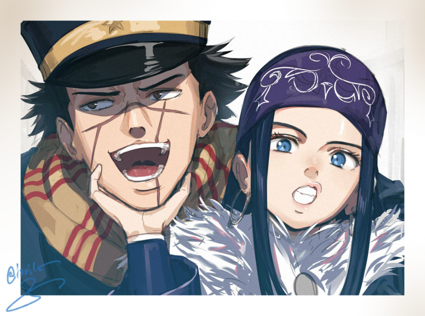 1boy 1girl arm_up asirpa black_hair black_hat blue_eyes blue_headband border brown_eyes commentary fur_trim golden_kamuy hair_intakes hand_on_another&#039;s_chin hat headband isshiki_(ffmania7) layered_sleeves looking_to_the_side patterned_clothing scar scar_on_face scarf short_hair side-by-side sideways_glance signature star_(symbol) sugimoto_saichi teeth upper_body white_border white_fur