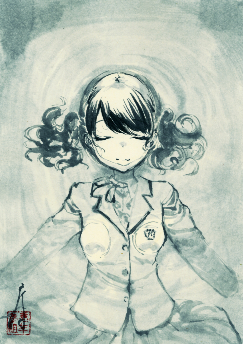 1girl black_hair blazer commentary_request closed_eyes fang fukumaru_koito highres idolmaster idolmaster_shiny_colors ink_wash_painting jacket monochrome partially_submerged school_uniform skin_fang solo takaharuti twintails water