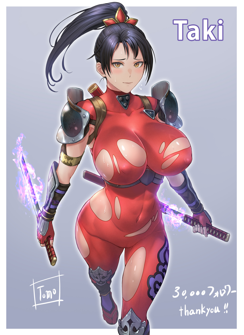 1girl absurdres arm_guards armor black_hair blush bodysuit breasts commentary_request covered_erect_nipples covered_navel dual_wielding fingerless_gloves flying_sweatdrops gloves highres holding holding_sword holding_weapon kodachi large_breasts long_hair ninja ponytail red_bodysuit short_sword shoulder_armor skin_tight sleeveless sleeveless_bodysuit solo soul_calibur soulcalibur soulcalibur_ii sweat sword taki_(soulcalibur) tomo_eokaiteru torn_bodysuit torn_clothes weapon