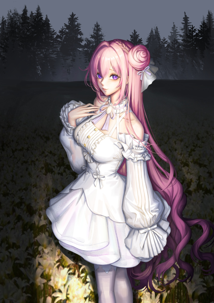 1girl absurdres braid breasts closed_mouth detached_sleeves dorothy_(nikke) dress forest frilled_dress frills goddess_of_victory:_nikke hair_bun hair_ribbon highres large_breasts light long_hair looking_at_viewer nature night pepperart pink_hair purple_eyes purple_ribbon ribbon smile solo white_dress