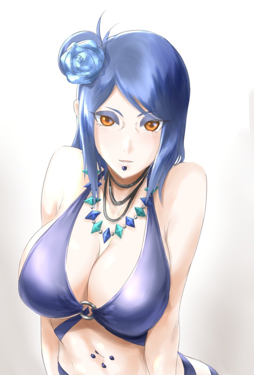 1girl alternate_costume bikini blue_bikini blue_hair breasts flower hair_flower hair_ornament highres jewelry konan_(naruto) labret_piercing large_breasts looking_at_viewer mitsugu naruto_(series) naruto_shippuuden navel_piercing necklace orange_eyes piercing simple_background solo swimsuit white_background