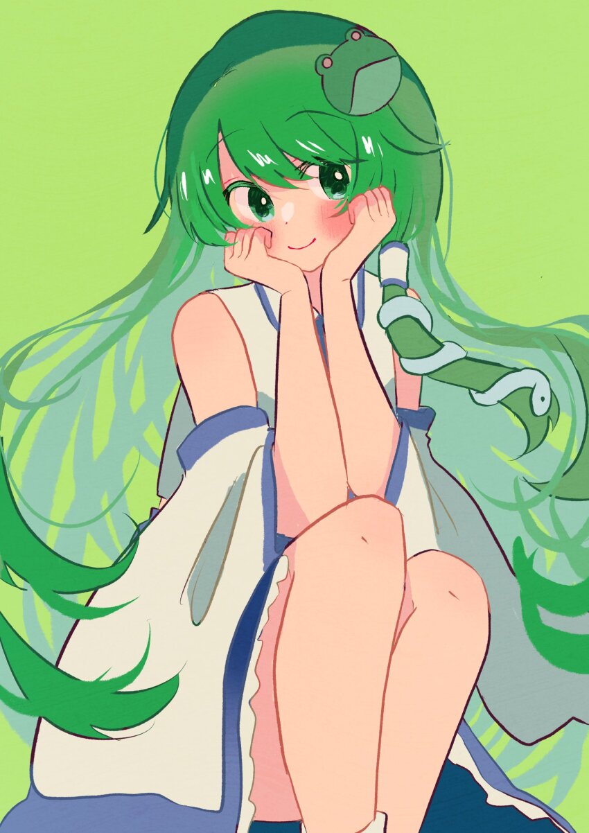 1girl bare_shoulders blush booonyanyanya detached_sleeves green_background green_eyes green_hair hands_on_own_cheeks hands_on_own_face hands_up highres kochiya_sanae legs_together long_hair looking_to_the_side simple_background smile solo touhou very_long_hair