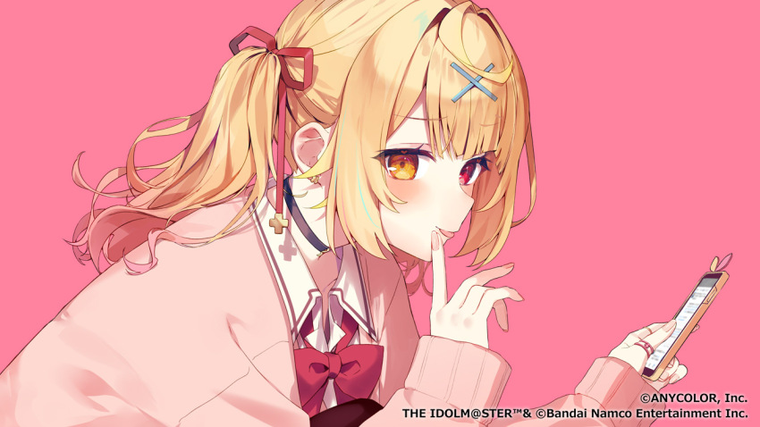 1girl :p ahoge blonde_hair blush bow bowtie cellphone choker copyright_name copyright_notice ear_piercing finger_to_mouth gradient_hair hair_ornament hair_ribbon hairclip heterochromia holding holding_phone hoshikawa_sara hoshikawa_sara_(4th_costume) jewelry long_sleeves looking_at_viewer multicolored_hair nail_polish nijisanji official_art phone piercing pink_background red_bow red_bowtie red_eyes ribbon ring school_uniform smartphone tongue tongue_out twintails virtual_youtuber yellow_eyes yumesaki_nana