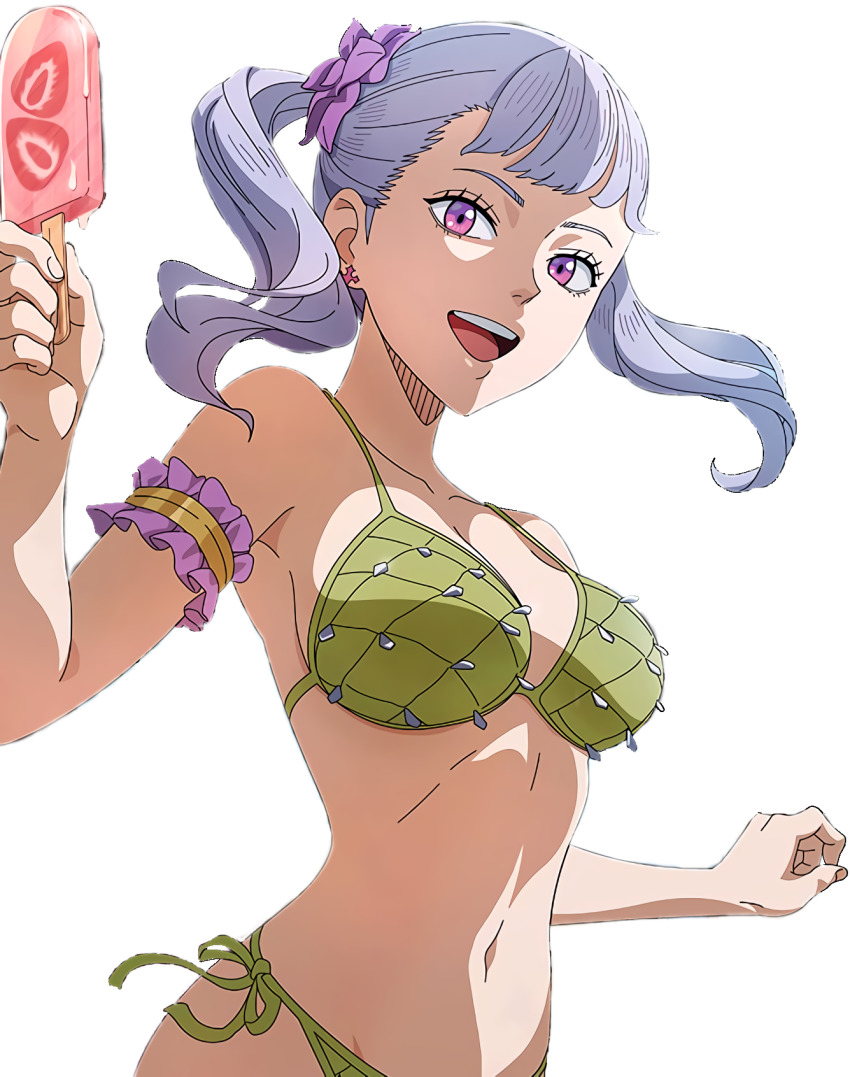 1girl bikini black_clover breasts cropped earrings eyelashes food green_scales highres ice_cream jewelry large_breasts looking_at_viewer noelle_silva official_art pink_eyes ribbon simple_background smile swimsuit transparent_background twintails white_hair