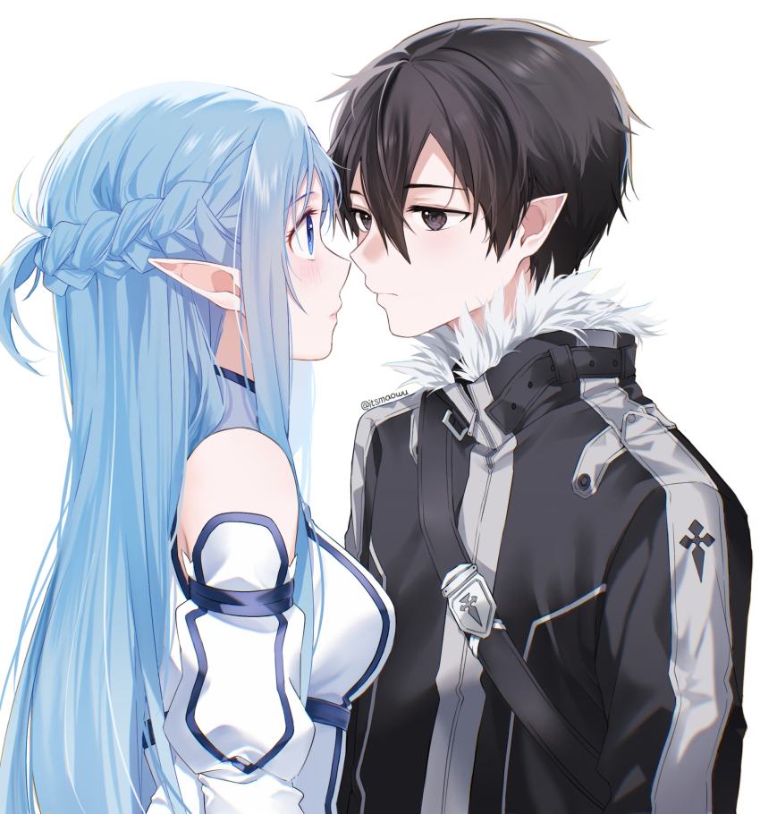 1boy 1girl asuna_(sao) asuna_(sao-alo) black_coat black_eyes black_hair blue_dress blue_eyes blue_hair blush breasts closed_mouth coat commentary couple detached_sleeves dress fur-trimmed_collar fur_trim half_up_braid hetero highres istriri kirito kirito_(sao-alo) long_hair looking_at_another medium_breasts pointy_ears short_hair simple_background sword_art_online two-tone_dress upper_body white_background white_dress