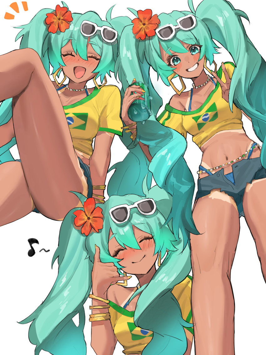 1girl alternate_costume aqua_eyes aqua_hair bikini bikini_under_clothes blue_bikini bra_strap bracelet brazilian_flag brazilian_flag_print brazilian_miku can closed_eyes commentary_request cropped_shirt dark-skinned_female dark_skin denim denim_shorts drink_can earrings eyewear_on_head flag_print flower gold_bracelet guarana_antarctica hair_flower hair_ornament hatsune_miku highres holding holding_can jewelry kanimiso_uni long_hair multiple_views navel open_fly open_mouth orange_flower print_shirt rectangular_earrings shaka_sign shirt short_shorts shorts simple_background smile sunglasses swimsuit twintails v very_long_hair vocaloid white-framed_eyewear white_background yellow_shirt