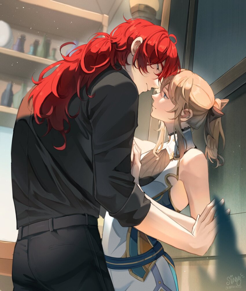 1boy 1girl against_wall asterrales bare_shoulders belt black_belt black_pants black_shirt blonde_hair blue_eyes bottle bow closed_mouth collared_shirt commentary couple diluc_(genshin_impact) english_commentary genshin_impact hair_bow hetero highres indoors jean_(genshin_impact) long_hair looking_at_another low_ponytail pants ponytail red_eyes red_hair shelf shirt sidelocks signature strapless strapless_shirt tight_clothes tight_pants white_pants