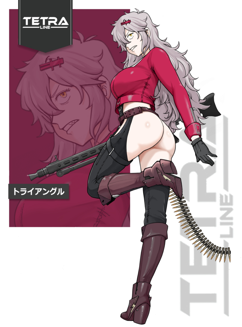 1girl absurdres ammunition_belt ass bandeau belt_pouch black_gloves breasts chaps clothing_cutout cropped_jacket gloves goddess_of_victory:_nikke grey_hair gun hair_between_eyes hair_ornament hairclip heavy_machine_gun highres holding holding_gun holding_weapon jacket large_breasts leotard long_hair machine_gun messy_hair ogirin3948 pouch red_bandeau red_jacket sharp_teeth solo teeth weapon yellow_eyes yulha_(nikke)