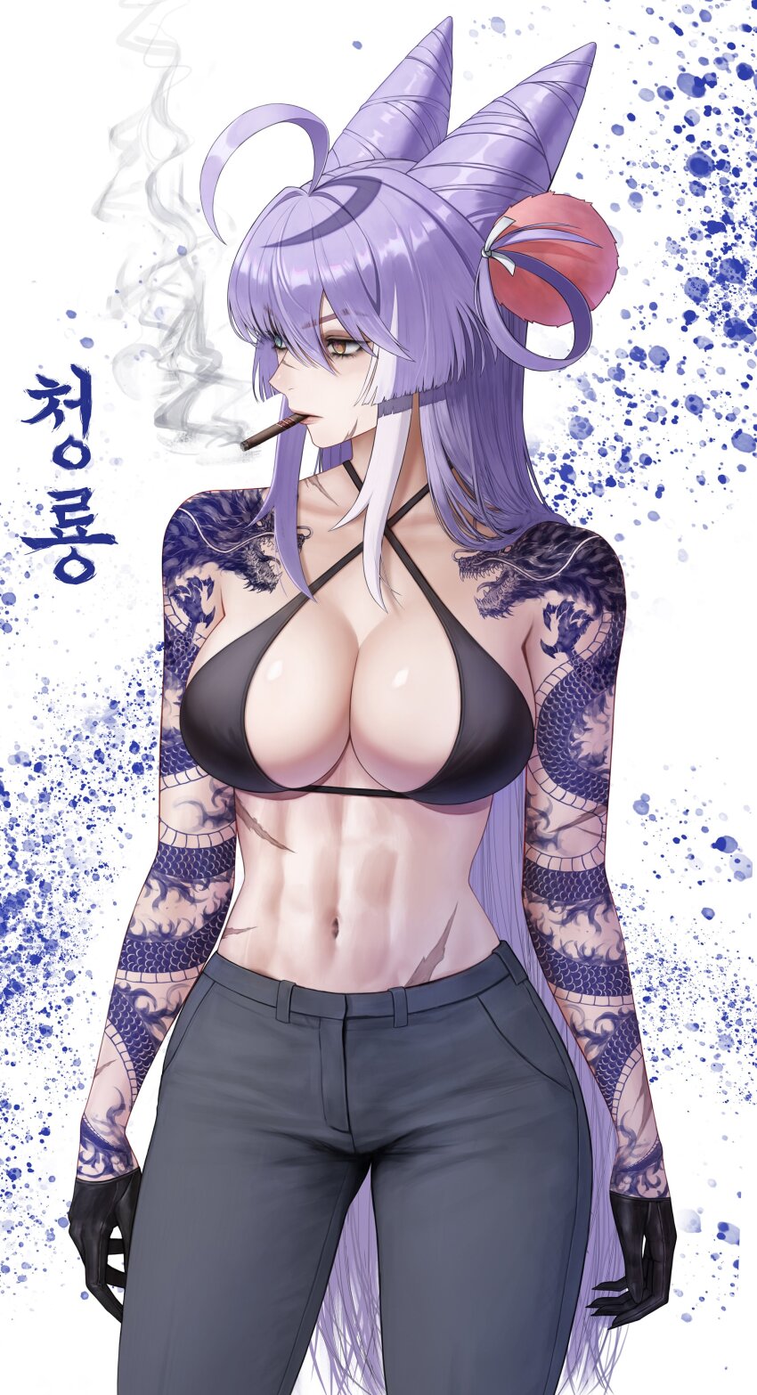 1girl abs absurdres aged_up ahoge arm_tattoo bikini bikini_top_only black_bikini black_gloves blue_eyes breasts brown_eyes cigar cone_hair_bun criss-cross_halter dragon_tattoo eruthu gloves grey_pants hair_between_eyes hair_bun hair_ornament hair_rings halterneck heterochromia highres large_breasts looking_to_the_side pants pom_pom_(clothes) pom_pom_hair_ornament purple_hair scar scar_on_face scar_on_nose scar_on_stomach smoking solo stellive stomach swimsuit tattoo tenko_shibuki virtual_youtuber white_hair