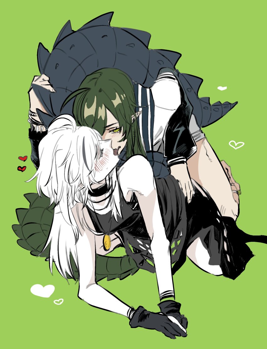 2girls absurdres all_fours arknights ban_syou black_choker black_dress black_gloves black_hair blush choker commentary_request dress fang gavial_(arknights) gloves green_background green_hair heart highres jacket lizard_tail long_hair long_sleeves multicolored_hair multiple_girls pointy_ears simple_background skin_fang sleeveless sleeveless_dress streaked_hair sweatdrop tail tomimi_(arknights) tongue tongue_out white_hair yellow_eyes yuri