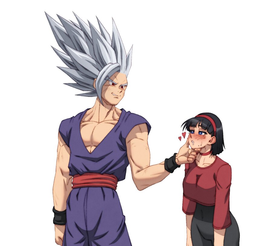 1boy 1girl black_hair blue_eyes blush breasts couple dragon_ball dragon_ball_super dragon_ball_super_super_hero drooling excited excited_for_sex gohan_beast heart husband_and_wife muscular muscular_male pectorals red_eyes son_gohan sweatdrop tagme videl white_background