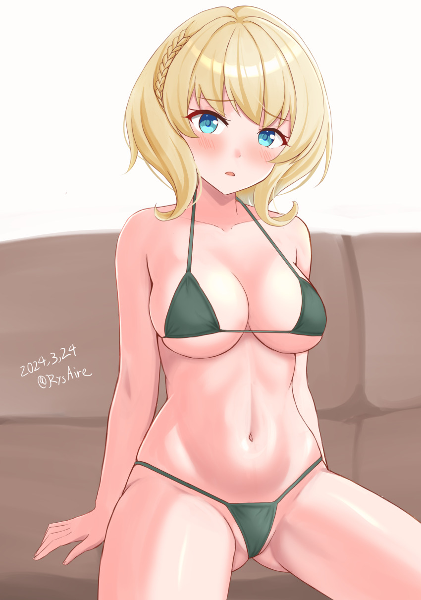 1girl alternate_costume ame-san bikini blonde_hair braid breasts colorado_(kancolle) green_bikini highres kantai_collection large_breasts navel revision short_hair side_braids sitting solo string_bikini swimsuit