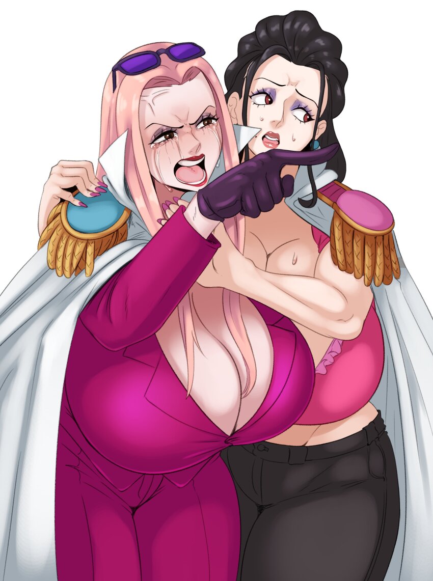 2girls absurdres angry breasts crying gion_(one_piece) highres hina_(one_piece) huge_breasts lips marines meme multiple_girls one_piece open_mouth sunglasses sunnysundown teeth tongue woman_yelling_at_cat_(meme)