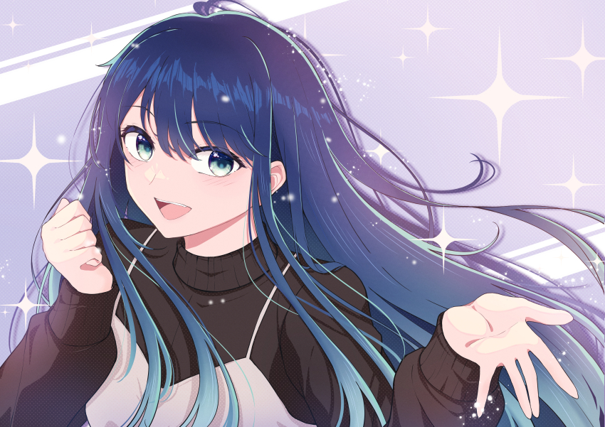 1girl :d absurdres blue_eyes blue_hair brown_shirt commentary enpixi highres kurokawa_akane long_hair open_mouth oshi_no_ko outstretched_hand purple_background reaching shirt smile solo sparkle turtleneck