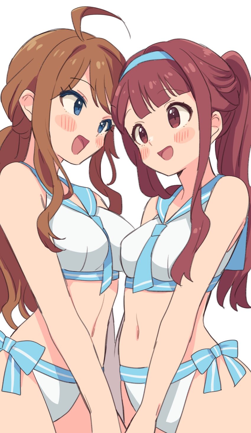 2girls ahoge alternate_hairstyle bare_shoulders bikini blue_bow blue_eyes blue_hairband blue_neckerchief blue_sailor_collar blush bow bow_bikini breasts brown_eyes brown_hair cowboy_shot dot_nose hairband highres idolmaster idolmaster_million_live! idolmaster_million_live!_theater_days large_breasts long_hair looking_at_another medium_breasts multiple_girls navel neckerchief open_mouth ponytail sailor_bikini sailor_collar sailor_swimsuit_(idolmaster) side-tie_bikini_bottom sidelocks simple_background smile standing staring sukoyaka_(100hituzi) swept_bangs swimsuit tanaka_kotoha tokoro_megumi white_background white_bikini