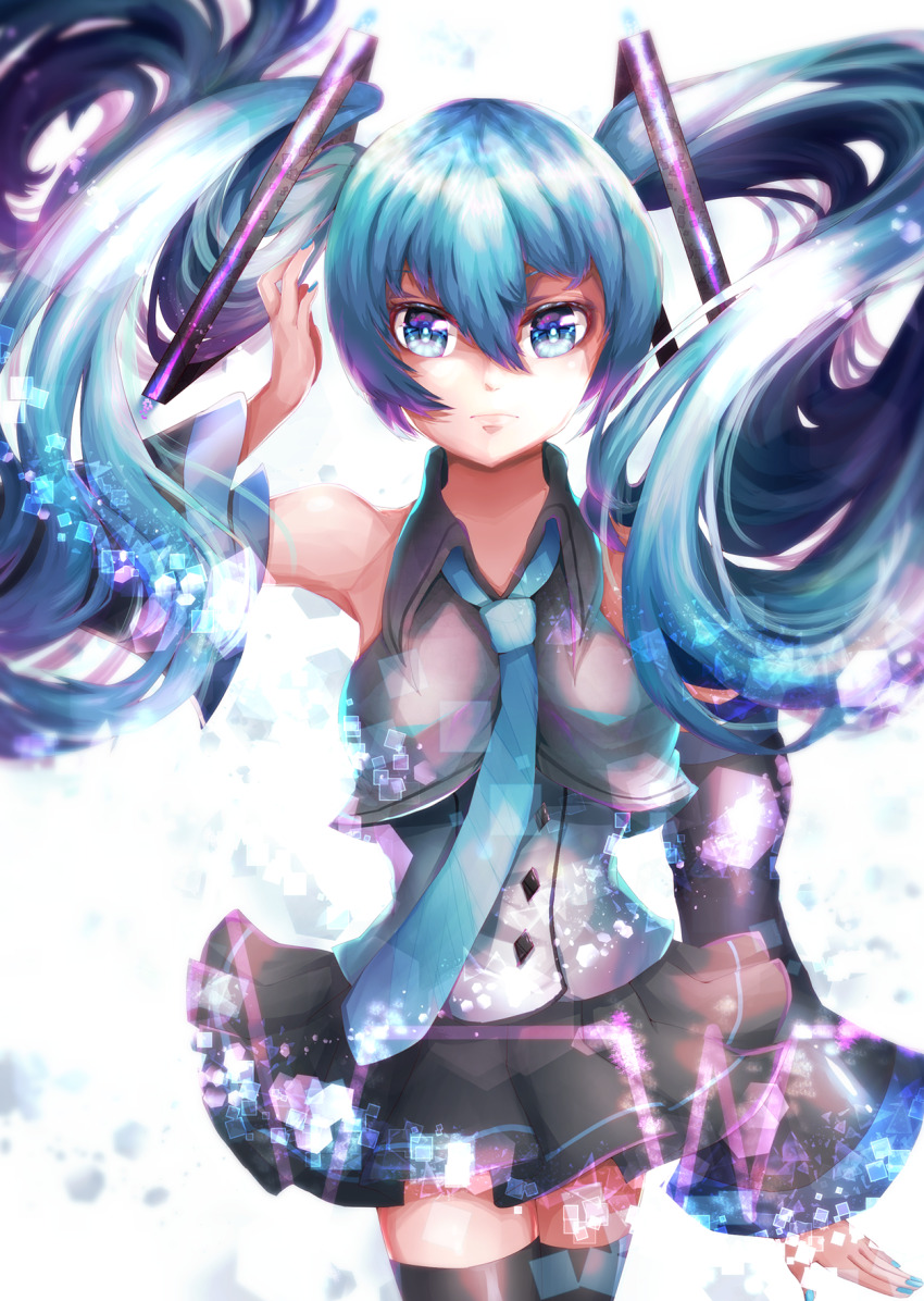 1girl aqua_hair aqua_nails aqua_necktie black_footwear black_skirt black_sleeves blue_eyes boots closed_mouth collared_shirt detached_sleeves frown grey_shirt hatsune_miku hibikase_(vocaloid) highres kozou_kazaru long_hair looking_at_viewer necktie shirt shoes skirt sleeveless sleeveless_shirt solo thigh_boots twintails very_long_hair vocaloid